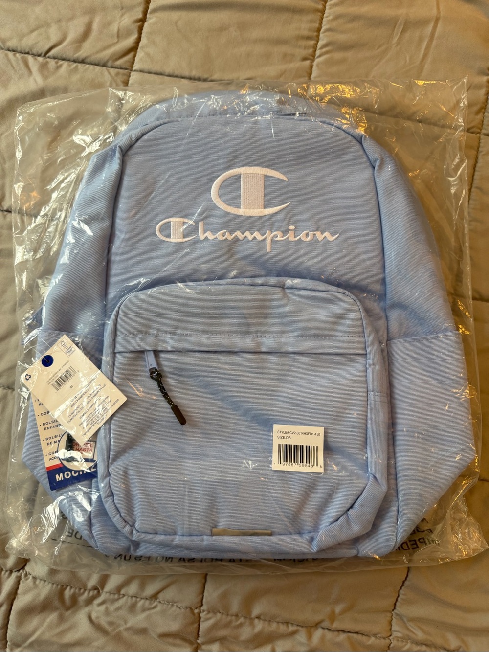 Champion Light Blue Backpack with Pink and White Accents